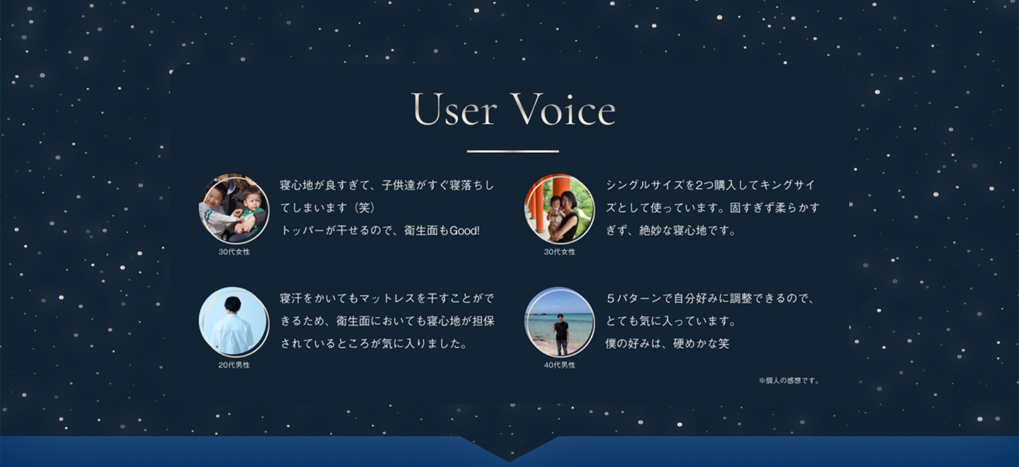 User Voice 30代女性 寝心地が良すぎて、子供達がすぐ寝落ちしてしまいます（笑）トッパーが干せるので、衛生面もGood! 30代女性 シングルサイズを2つ購入してキングサイズとして使っています。固すぎず柔らかすぎず、絶妙な寝心地です。寝汗をかいてもマットレスを干すことができるため、衛生面においても寝心地が担保されているところが気に入りました。20代男性 ５パターンで自分好みに調整できるので、とても気に入っています。僕の好みは、硬めかな笑 40代男性 ※個人の感想です。